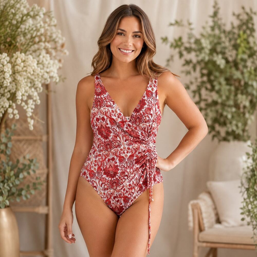 Nip tuck Swim Multi Fit Cup Floral Ruched One Piece Swimsuit Red White Sz 10